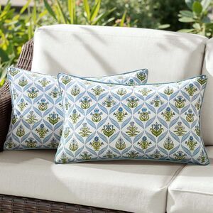 🌿 Set of 2 Outdoor Lumbar Pillow Covers 20x12 Blue Floral Water-Resistant